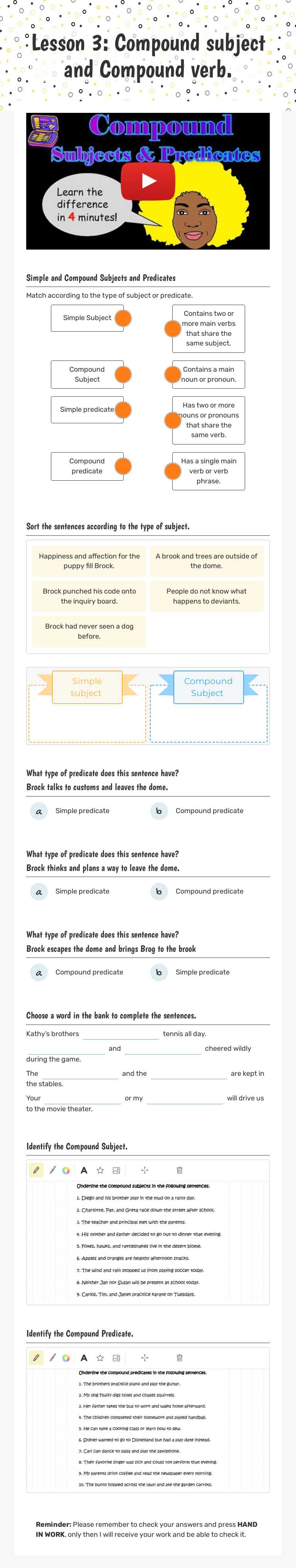 Lesson 3: Compound subject and Compound verb. Grade 4 worksheet preview
