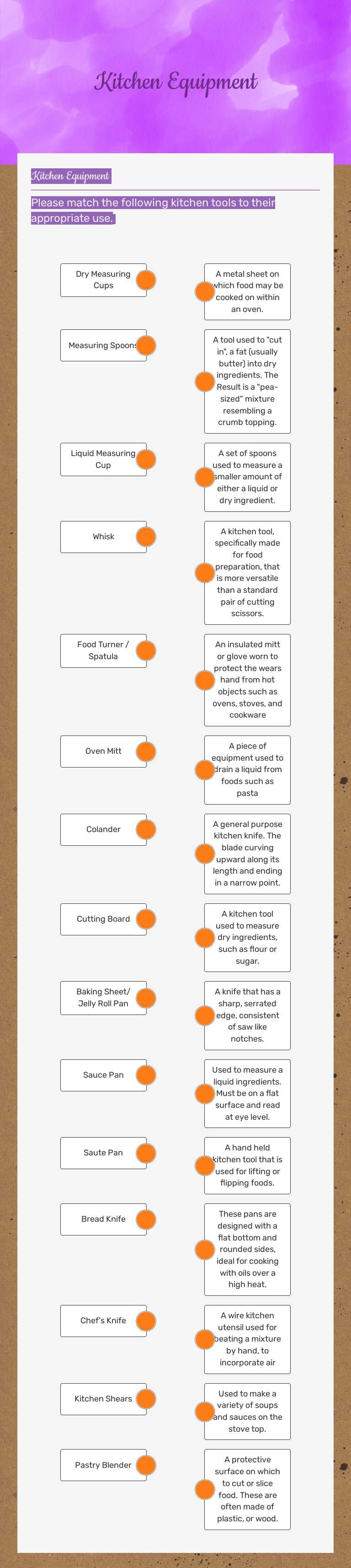 Kitchen Equipment worksheet preview image