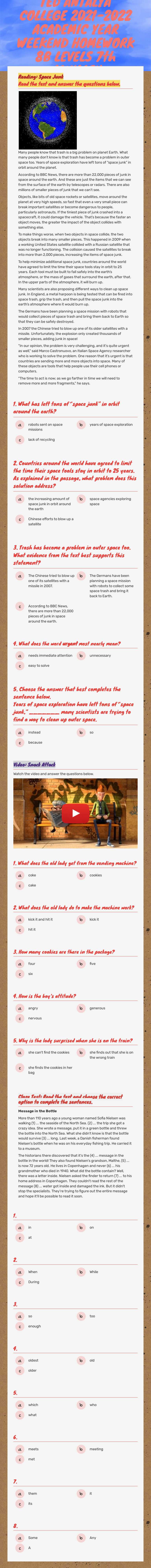 TED ANTALYA COLLEGE 2021-2022 ACADEMIC YEAR WEEKEND HOMEWORK 8B LEVELS 7th JANUARY worksheet preview image