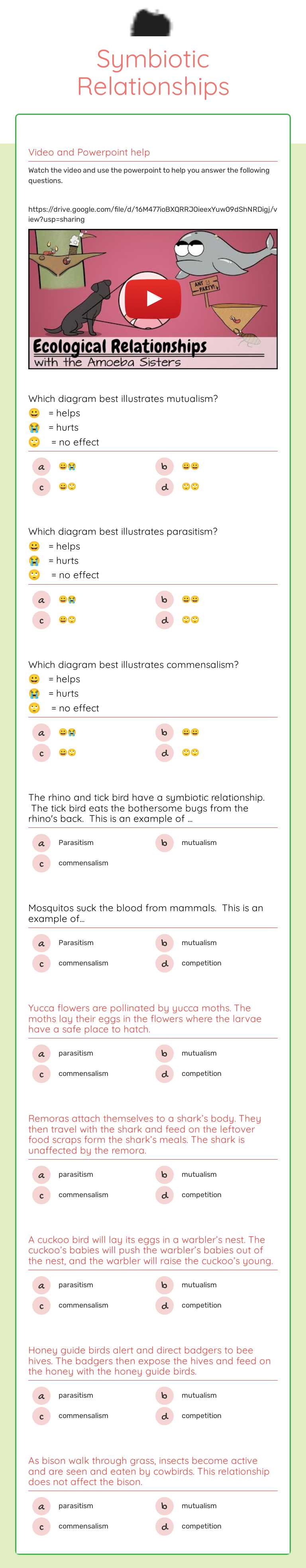 Symbiotic   Relationships Grade 7 worksheet preview