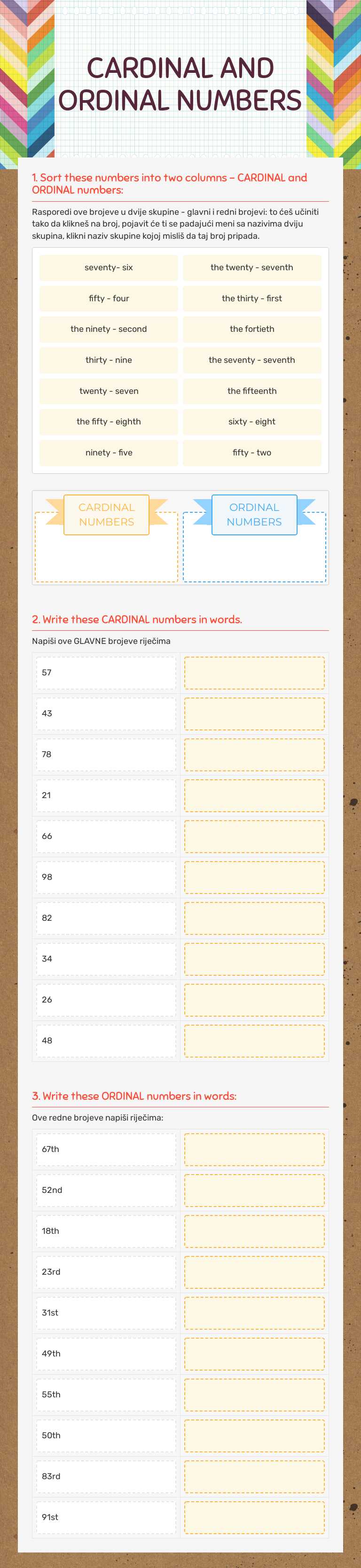 CARDINAL AND ORDINAL NUMBERS worksheet preview image
