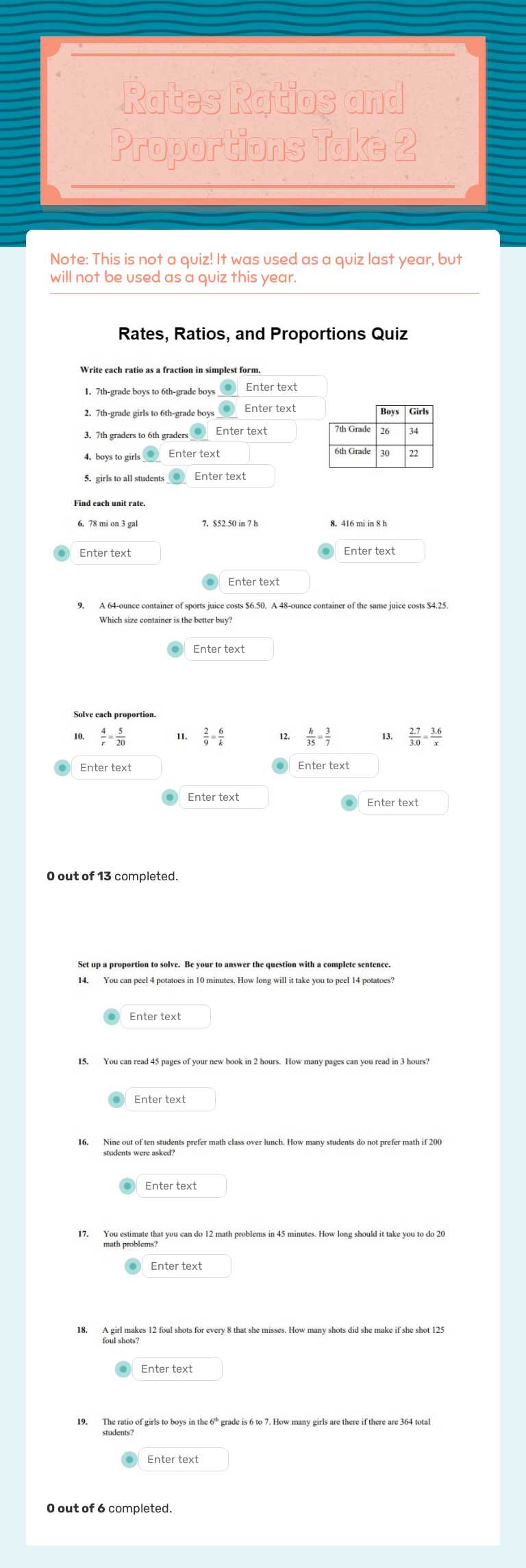 Rates Ratios and Proportions worksheet preview image