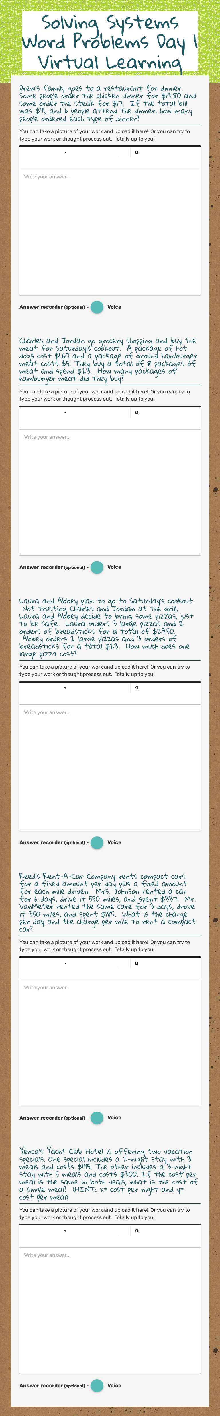 Solving Systems Word Problems Day 1 Virtual Learning worksheet preview image