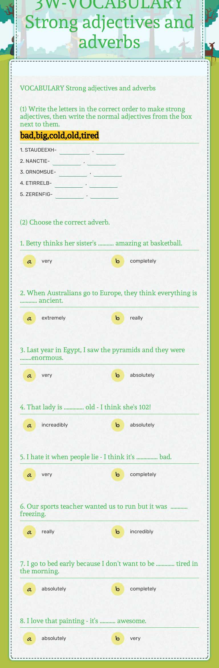 3W-VOCABULARY Strong adjectives and adverbs worksheet preview image