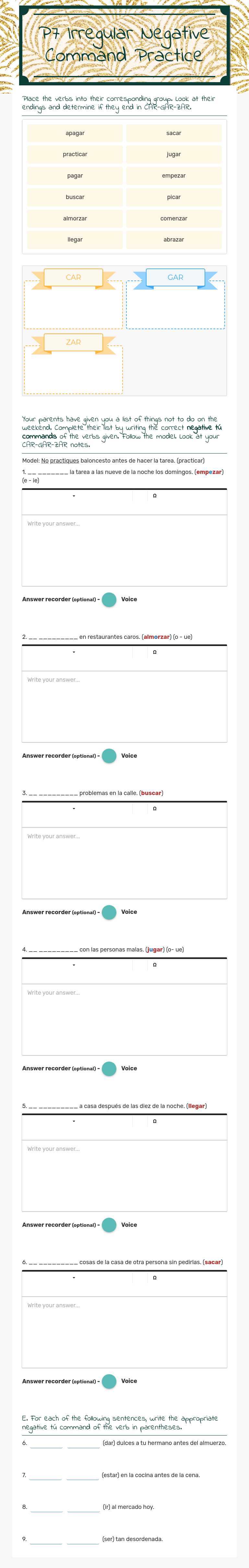 P7 Irregular Negative Command Practice worksheet preview image