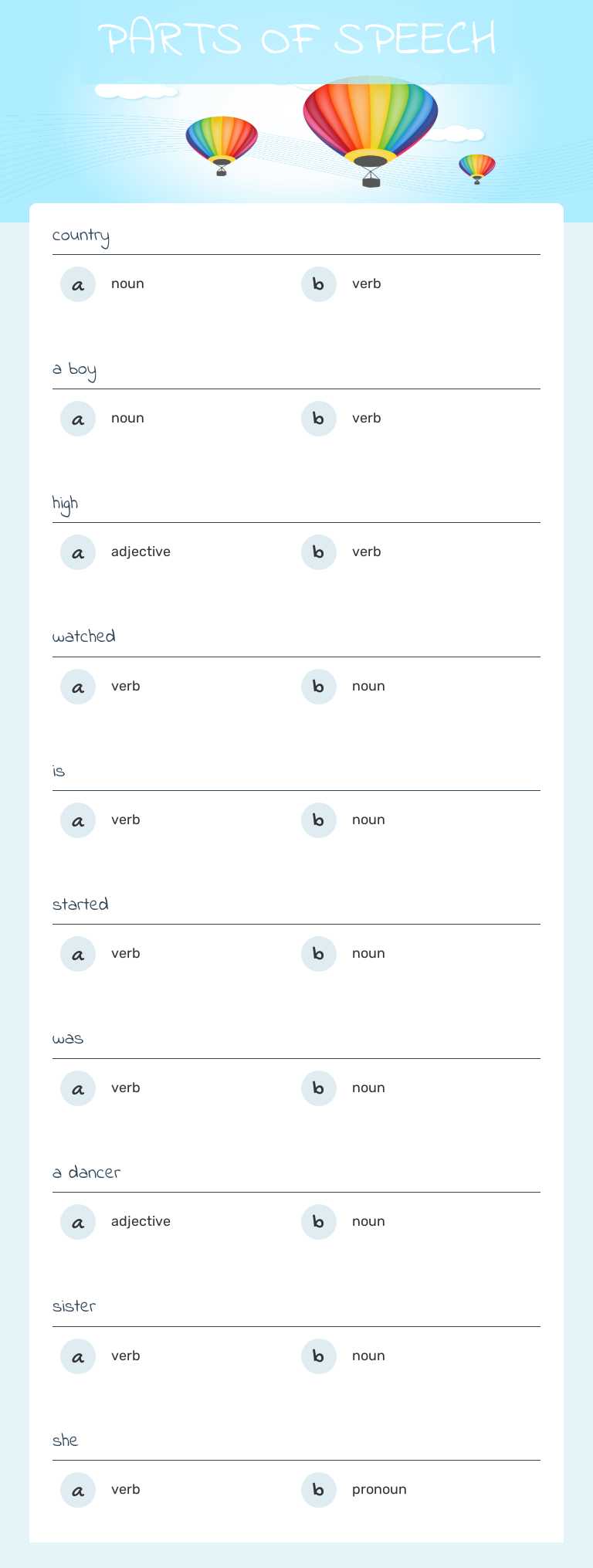 PARTS OF SPEECH Grade 7 worksheet preview