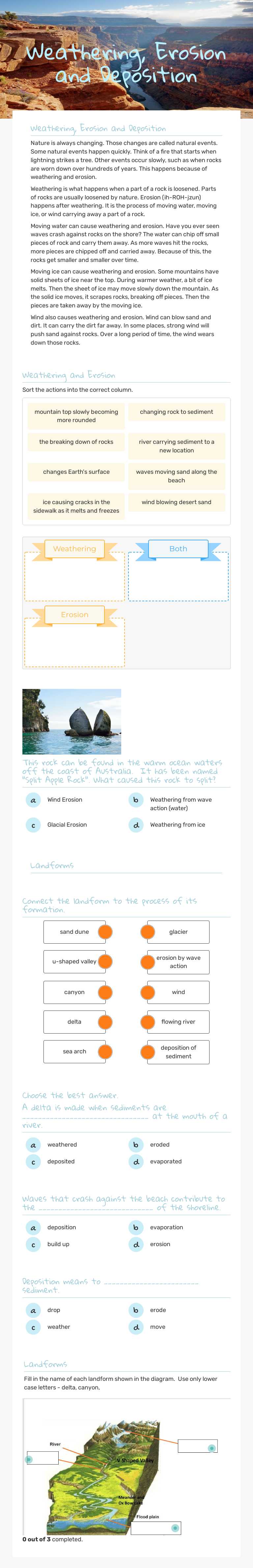 Weathering,  Erosion and Deposition worksheet preview image