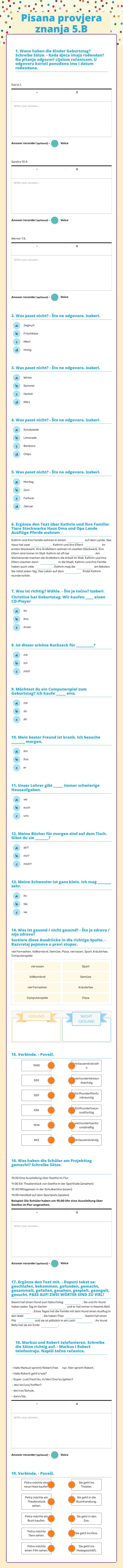 Pisana provjera znanja 5.B worksheet preview image