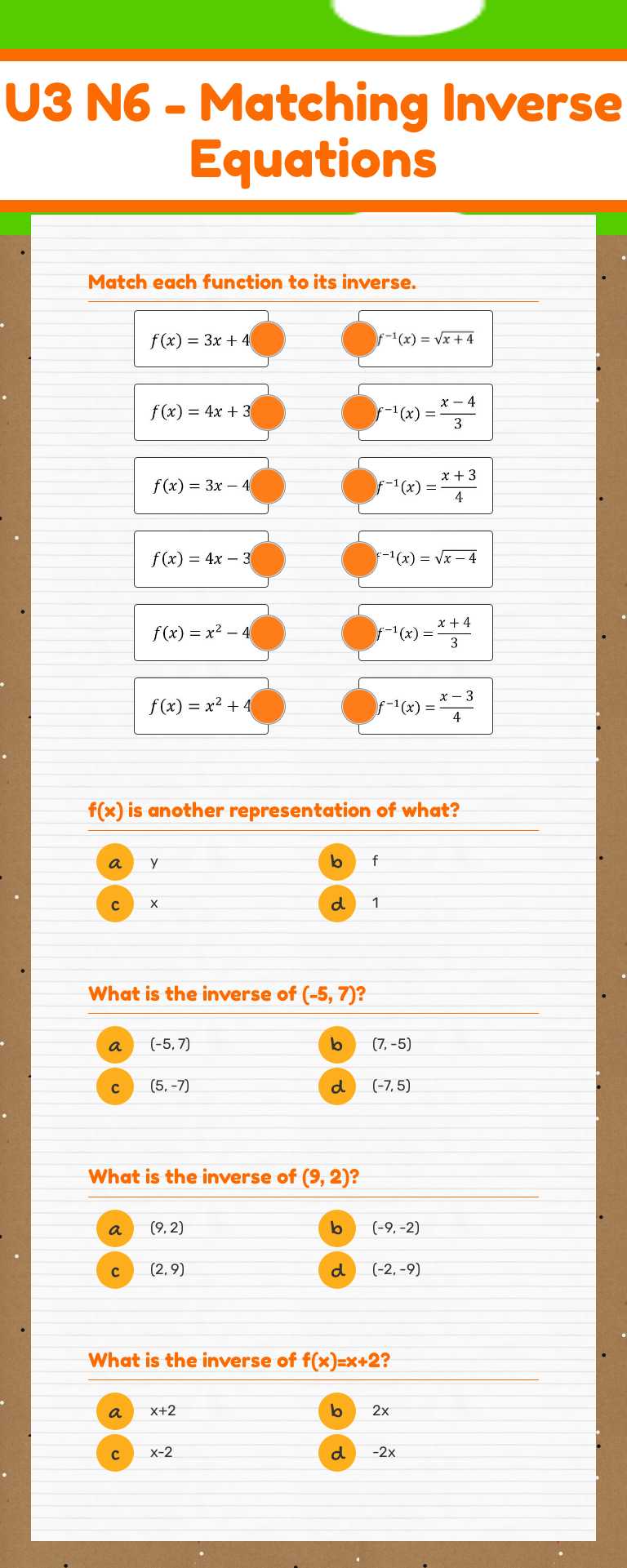 U3 N6 - Matching Inverse Equations worksheet preview image