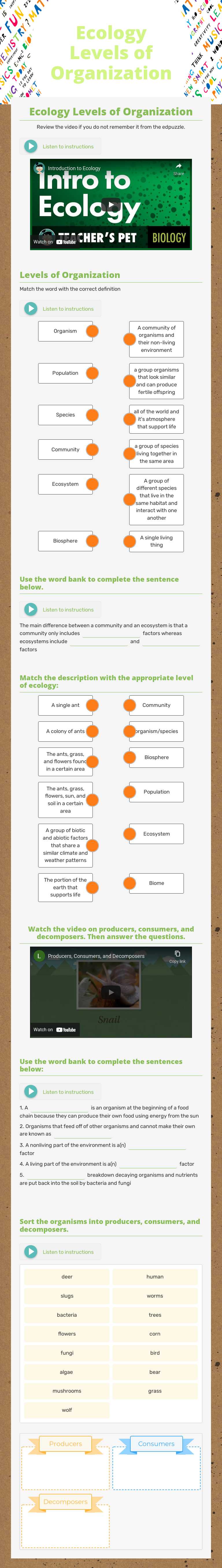 Ecology Levels of Organization worksheet preview image