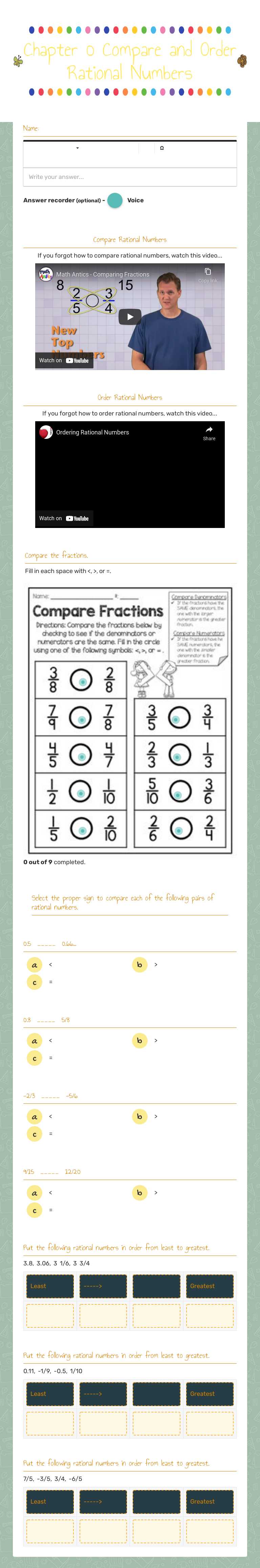 Chapter 0 Compare and Order Rational Numbers worksheet preview image