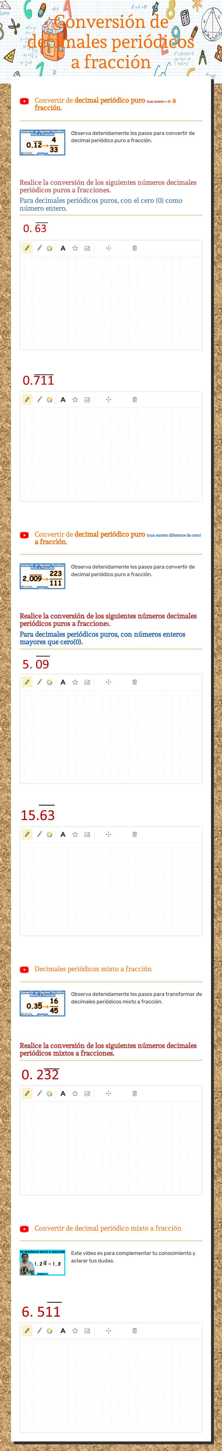 Conversión de decimales periódicos a fracción worksheet preview image