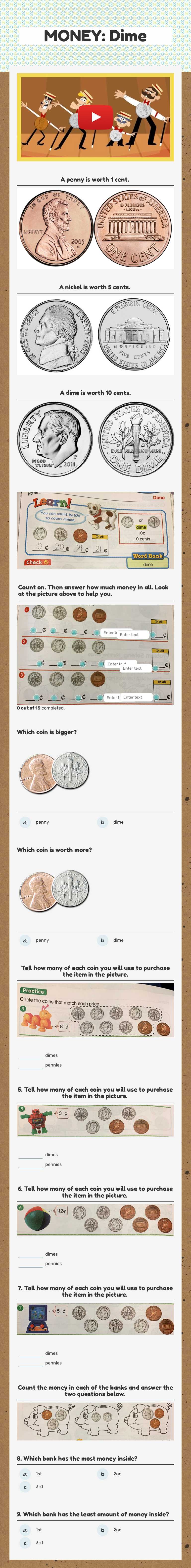 MONEY: Dime Grade 1 worksheet preview
