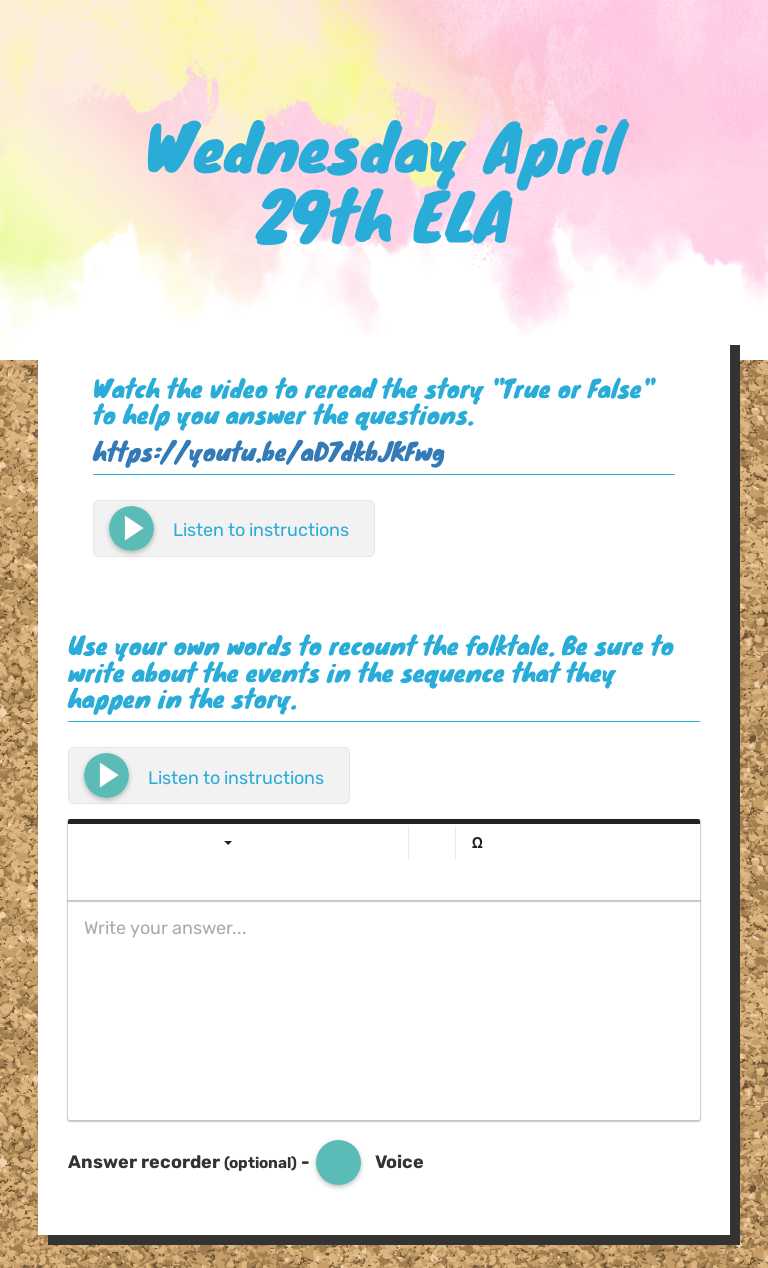 Wednesday April 29th ELA worksheet preview image