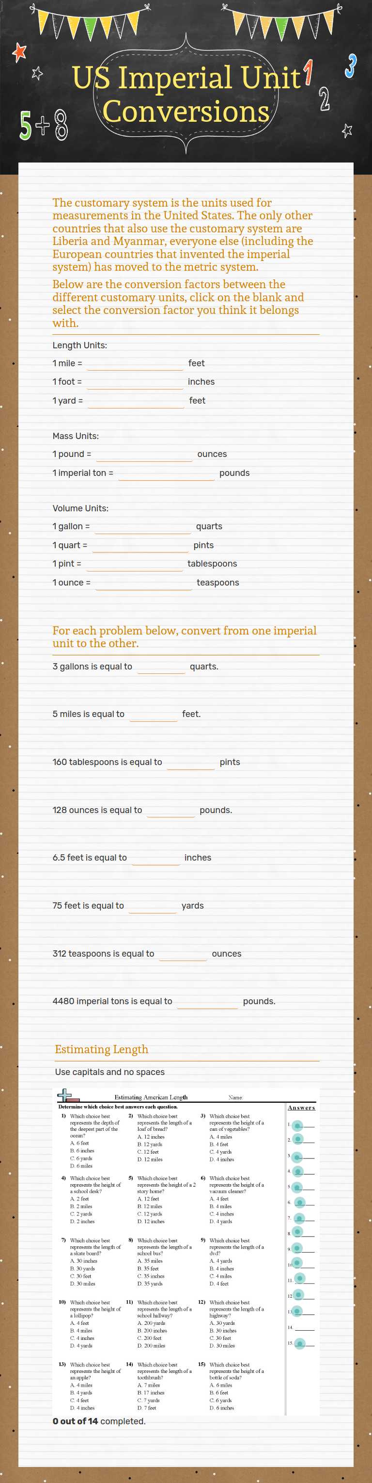 US  Imperial Unit Conversions worksheet preview image