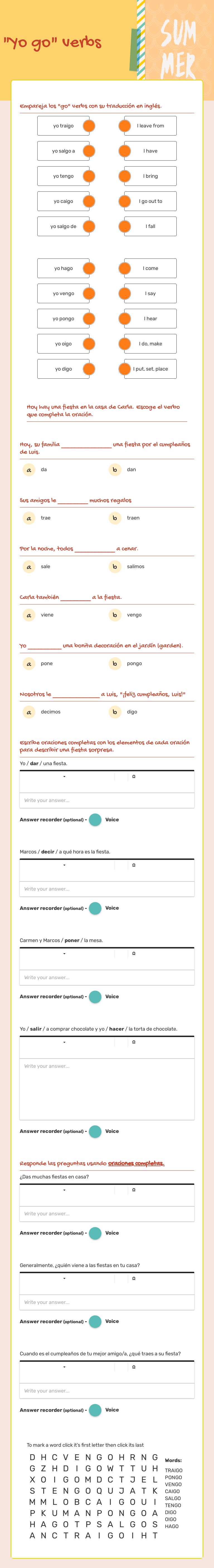 "Yo go" verbs worksheet preview image