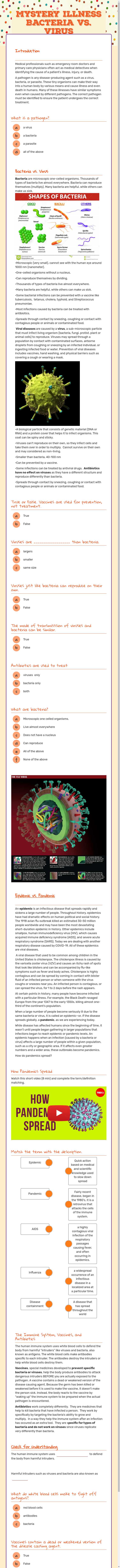 Mystery illness 
Bacteria vs. virus worksheet preview image
