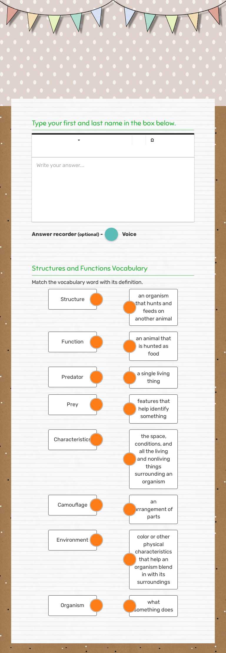 Structures and Functions vocabulary Match up Grade 4 worksheet preview