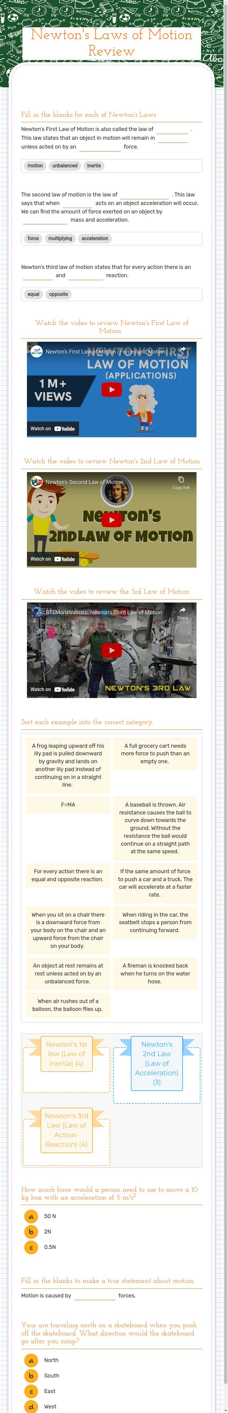 Newton's Laws of Motion Review worksheet preview image