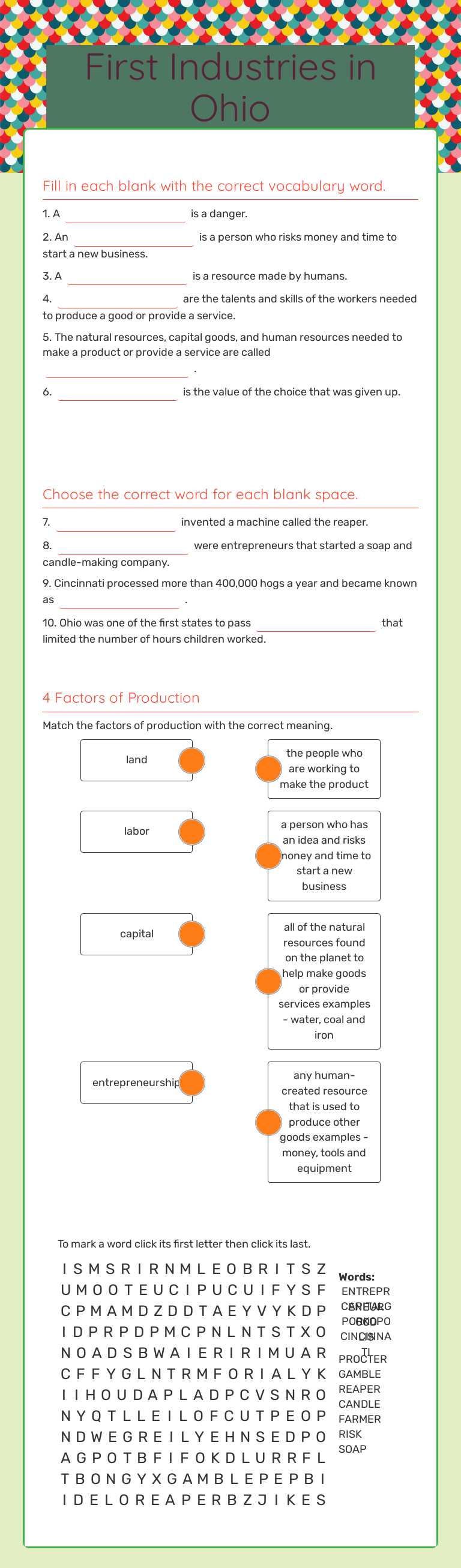 First Industries in Ohio Grade 4 worksheet preview