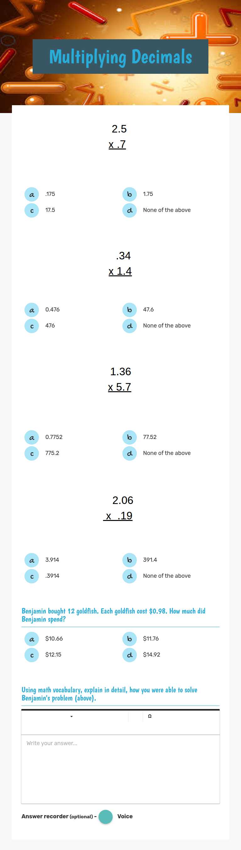 Multiplying Decimals worksheet preview image