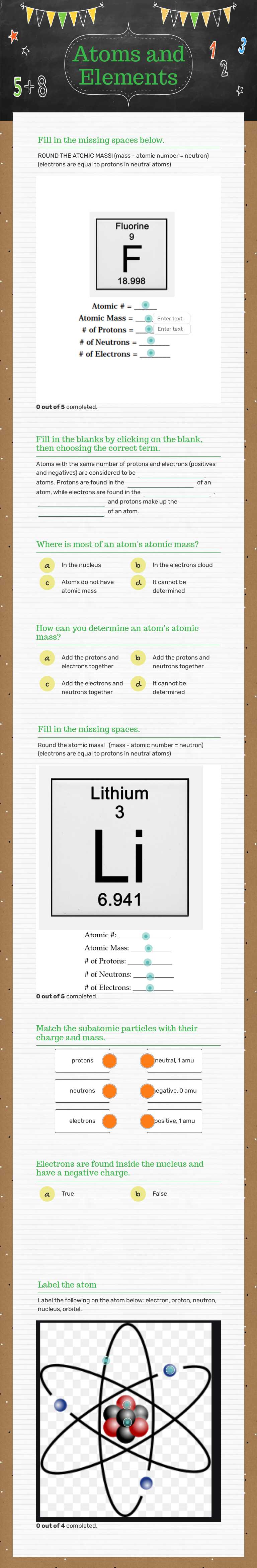 Atoms and Elements worksheet preview image