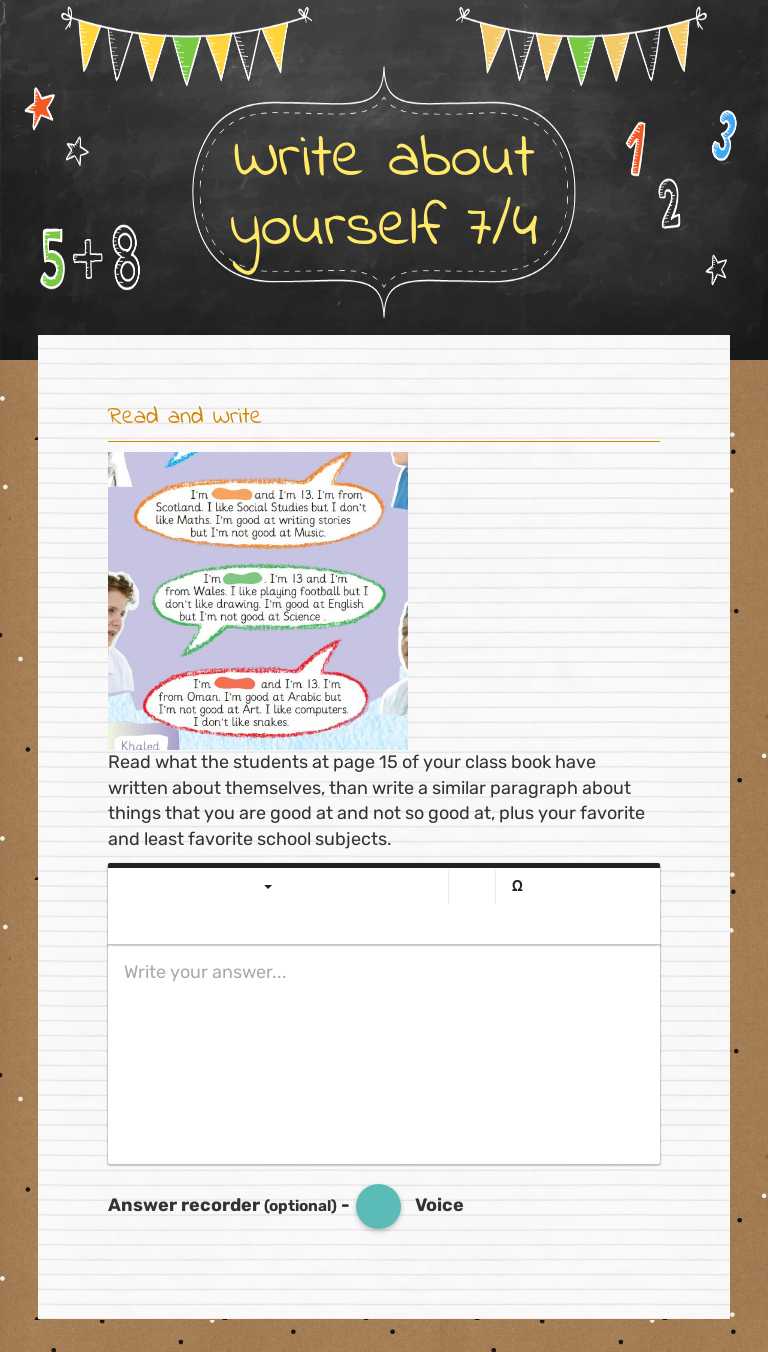 Write about yourself 7/4 worksheet preview image