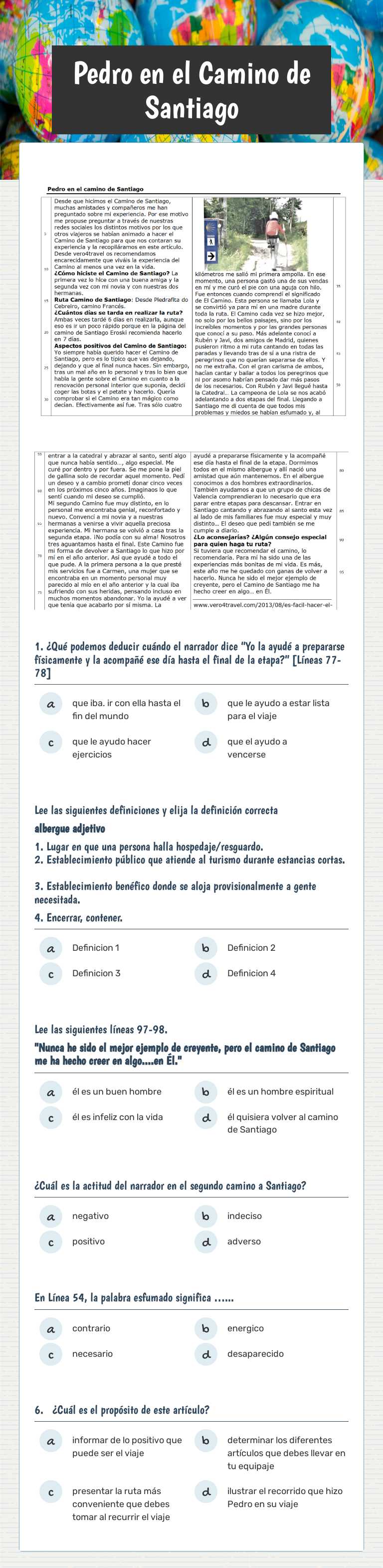 Pedro en el Camino de Santiago worksheet preview image