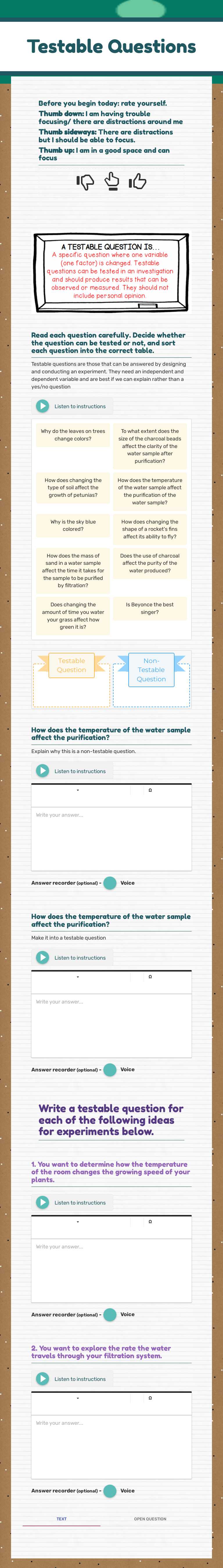 Testable Questions worksheet preview image