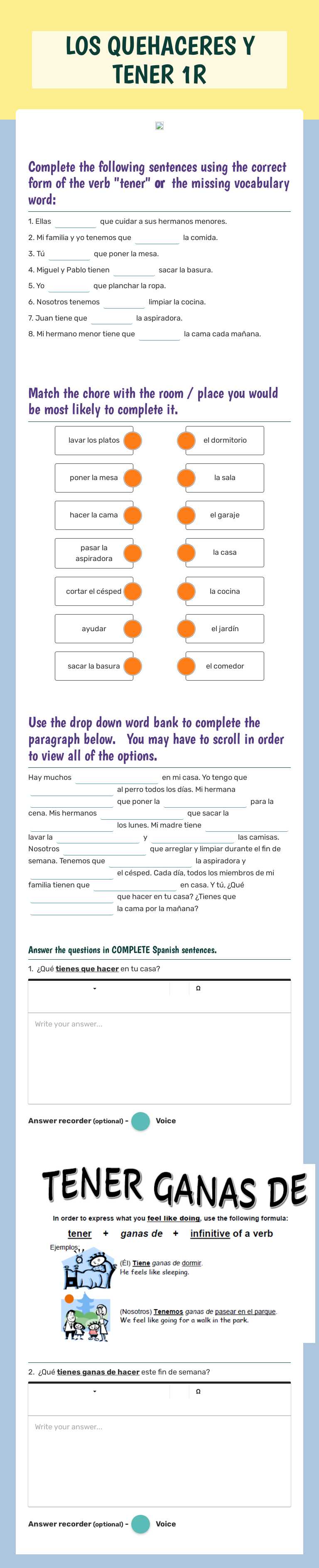 LOS QUEHACERES Y TENER 1R worksheet preview image