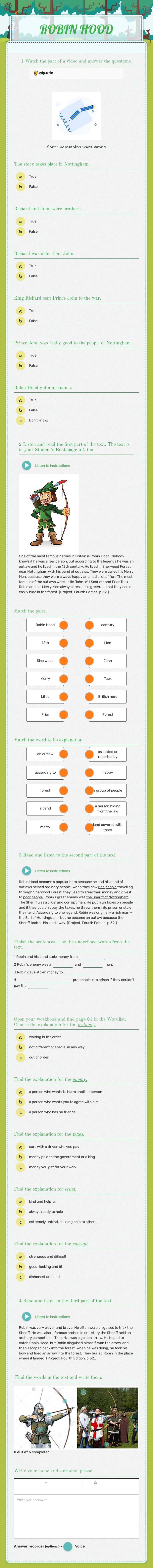 ROBIN HOOD worksheet preview image