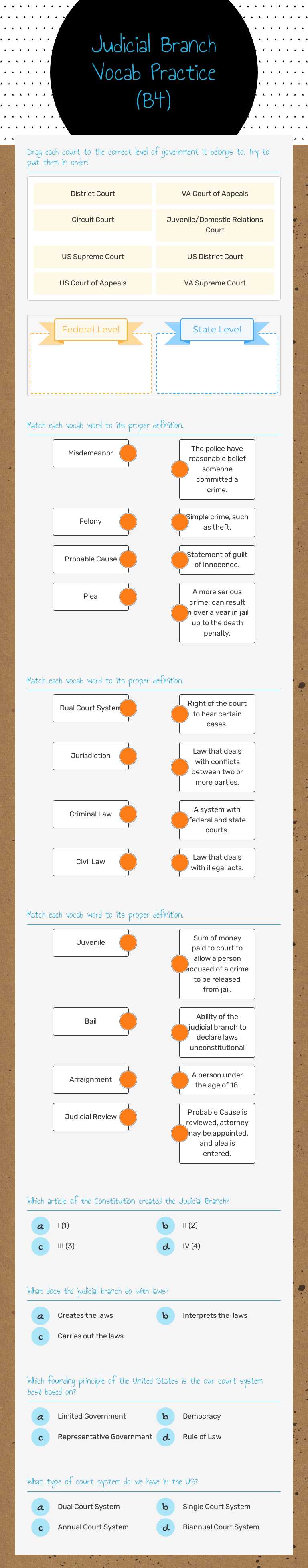 Judicial Branch Vocab Practice (B4) worksheet preview image