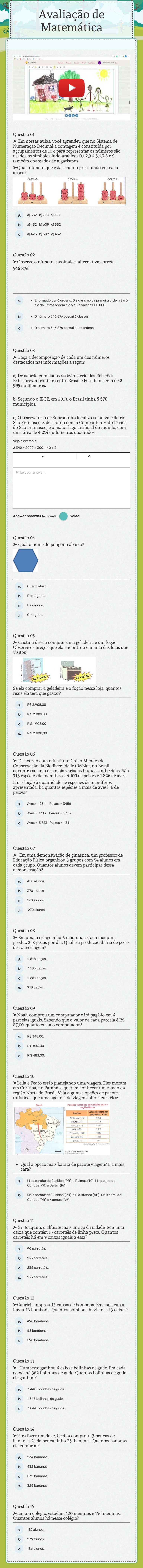 Avaliação de Matemática worksheet preview image