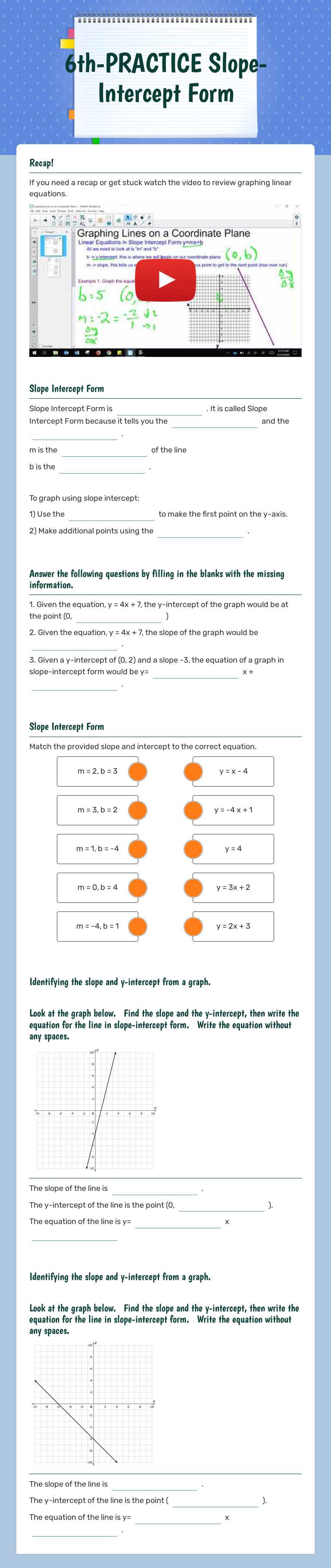 6th-PRACTICE Slope-Intercept Form Grade 9 worksheet preview