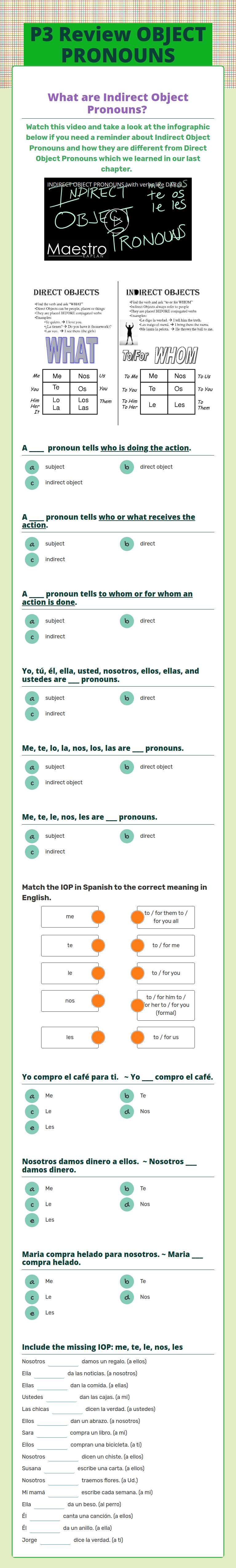 P3 Review OBJECT PRONOUNS Grade 10 worksheet preview