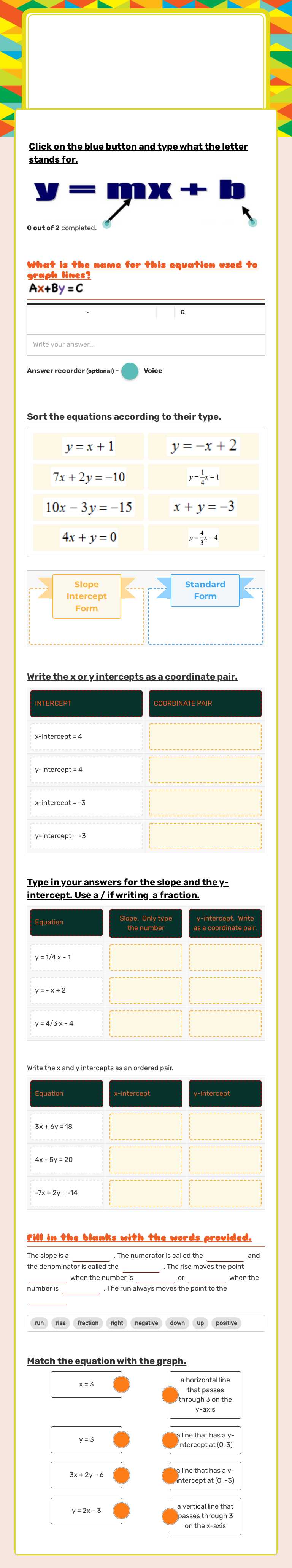 Slope Intercept and standard  form worksheet preview image