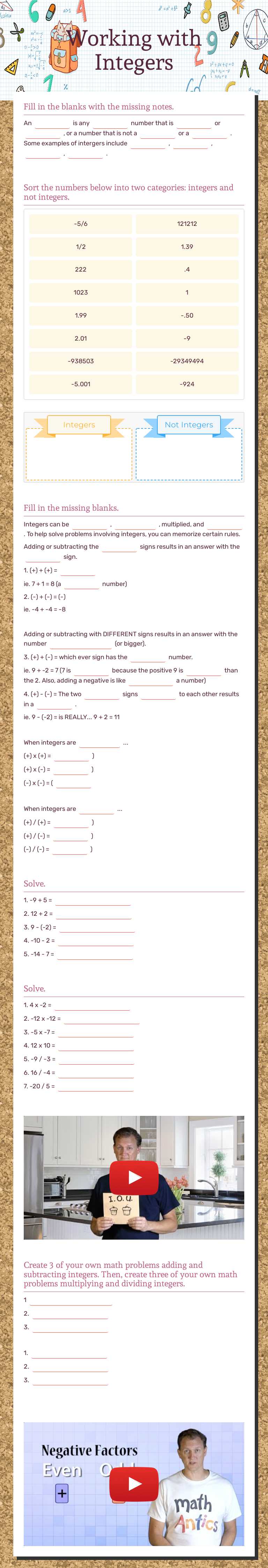 Working with Integers worksheet preview image
