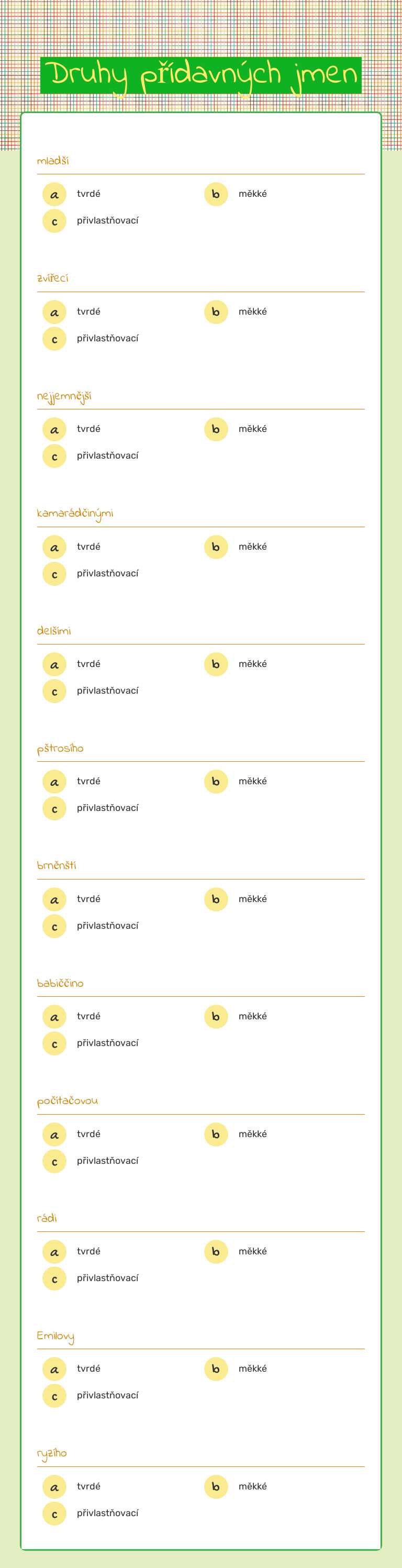 Druhy přídavných jmen worksheet preview image