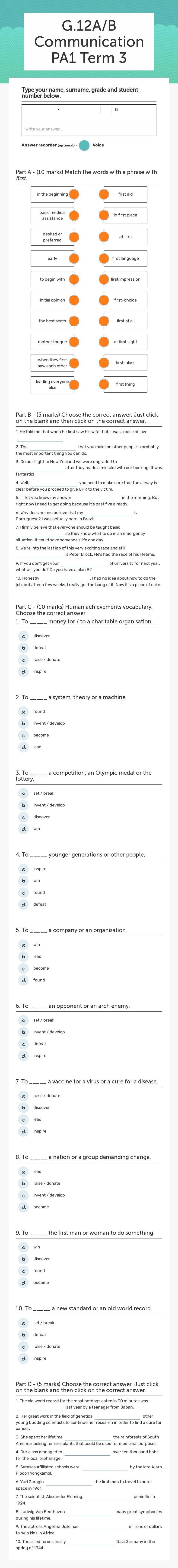 G.12A/B Communication PA1 Term 3 worksheet preview image