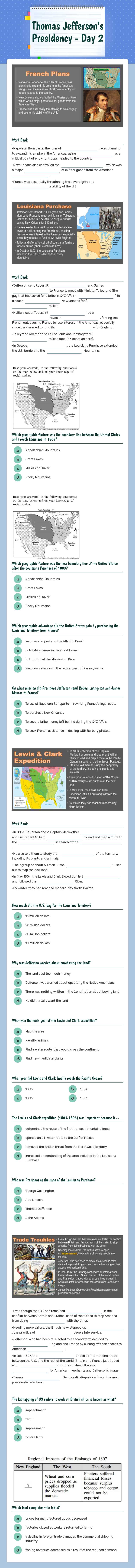 Thomas Jefferson's Presidency - Day 2 worksheet preview image