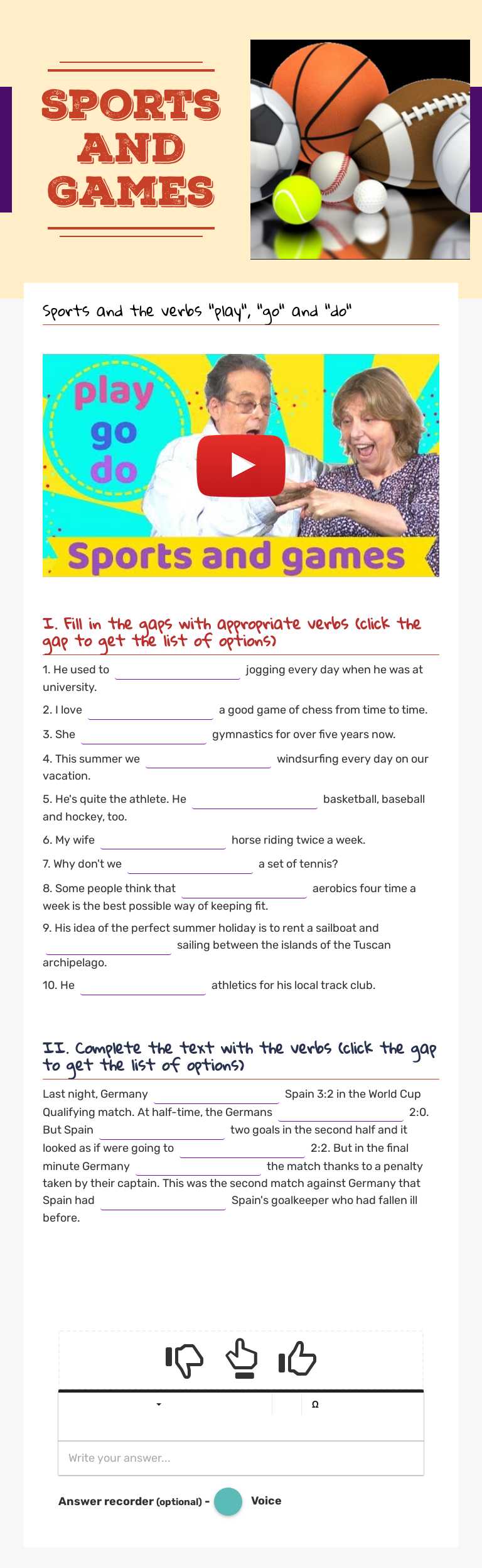 Sports and        Games worksheet preview image