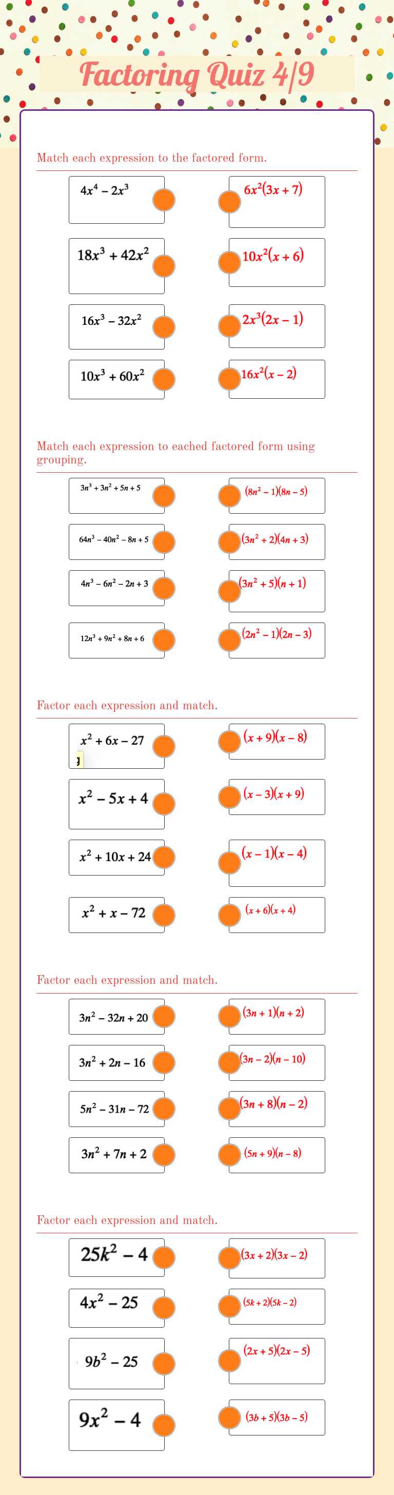 Factoring Quiz 4/9 worksheet preview image