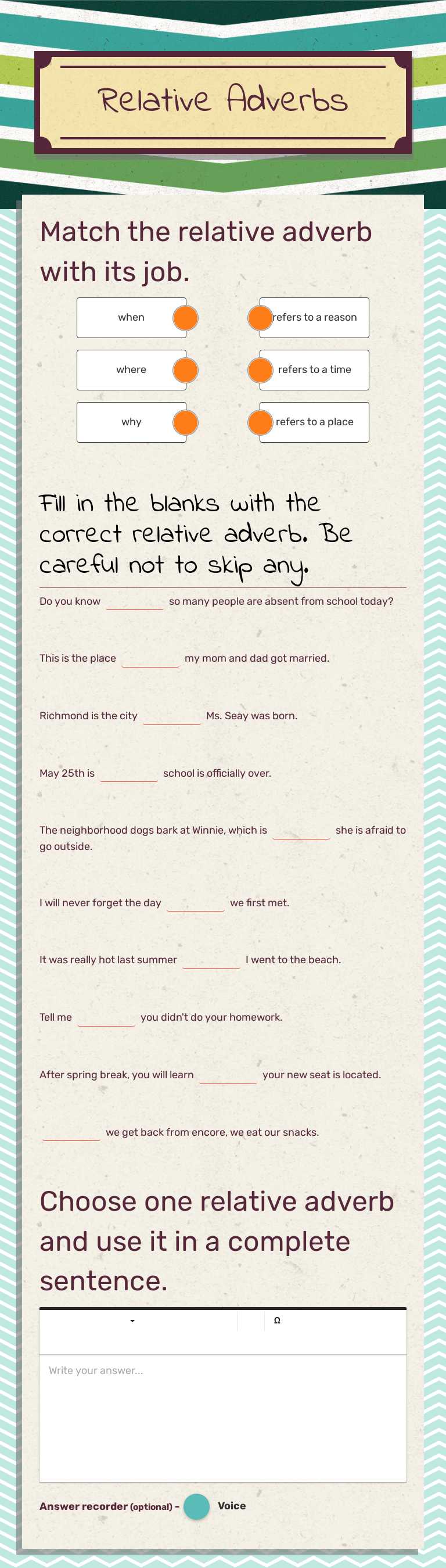 Relative Adverbs worksheet preview image