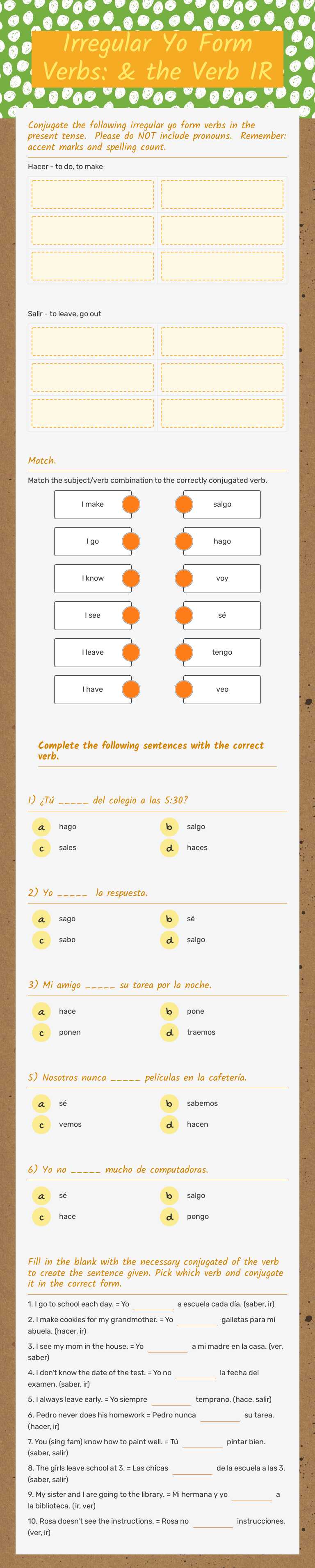 Irregular Yo Form Verbs: & the Verb IR Grade 9 worksheet preview