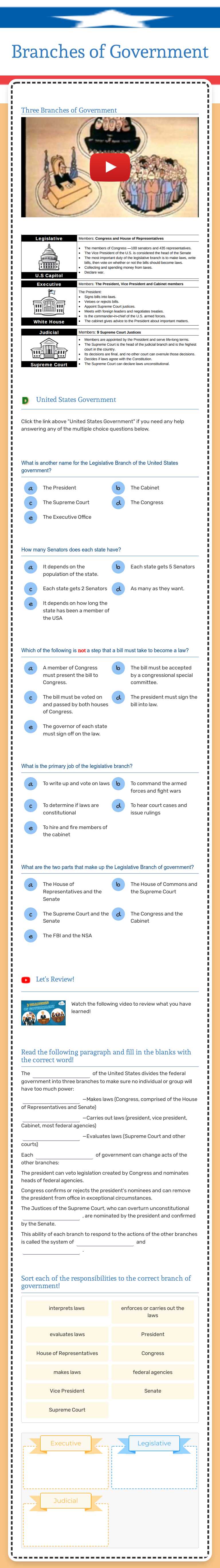 Branches of Government worksheet preview image