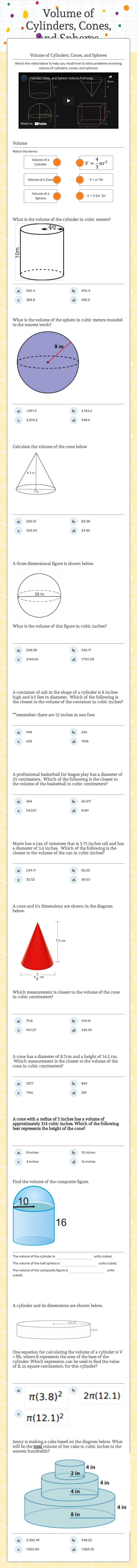 Volume of Cylinders, Cones, and Spheres worksheet preview image