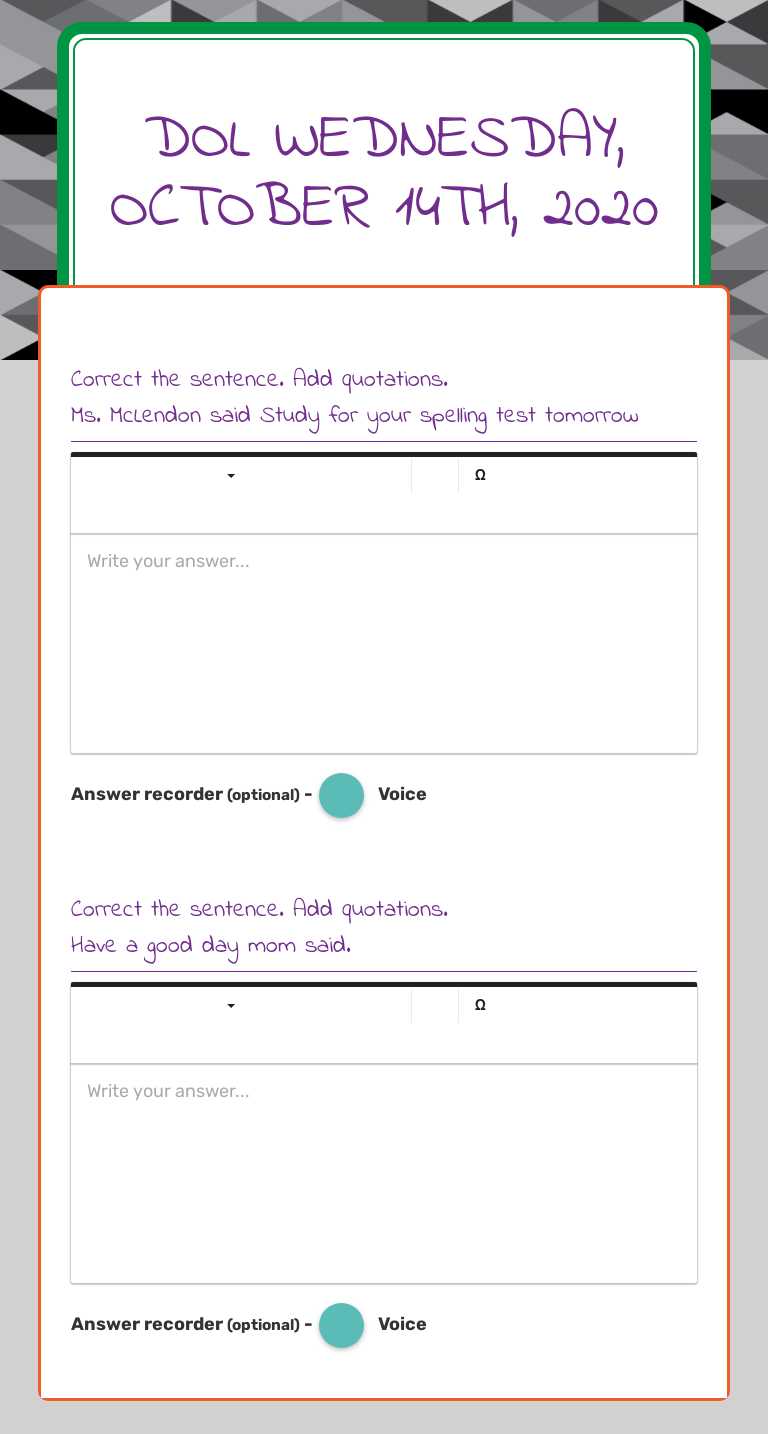 DOL Wednesday, October 14th, 2020 Grade 4 worksheet preview