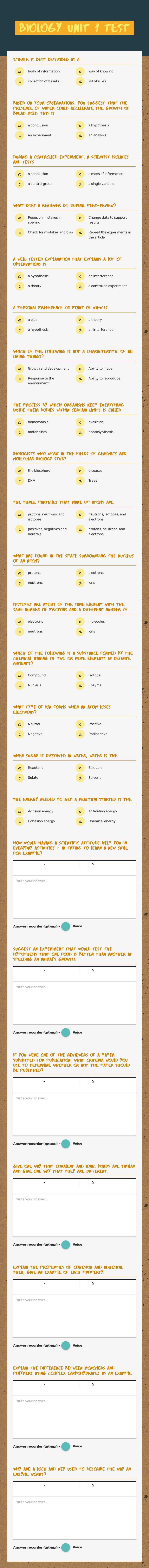 Biology Unit 1 TEst worksheet preview image