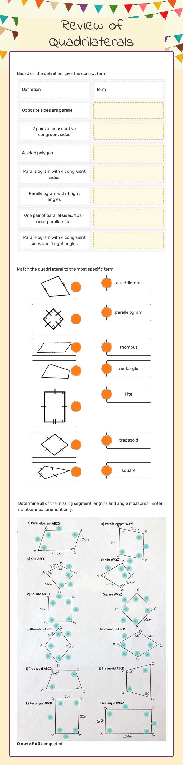 Review of Quadrilaterals Grade 10 worksheet preview