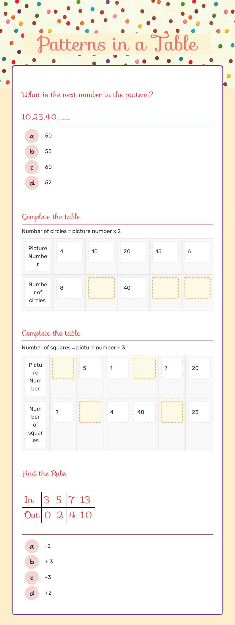 Patterns in a Table worksheet preview image